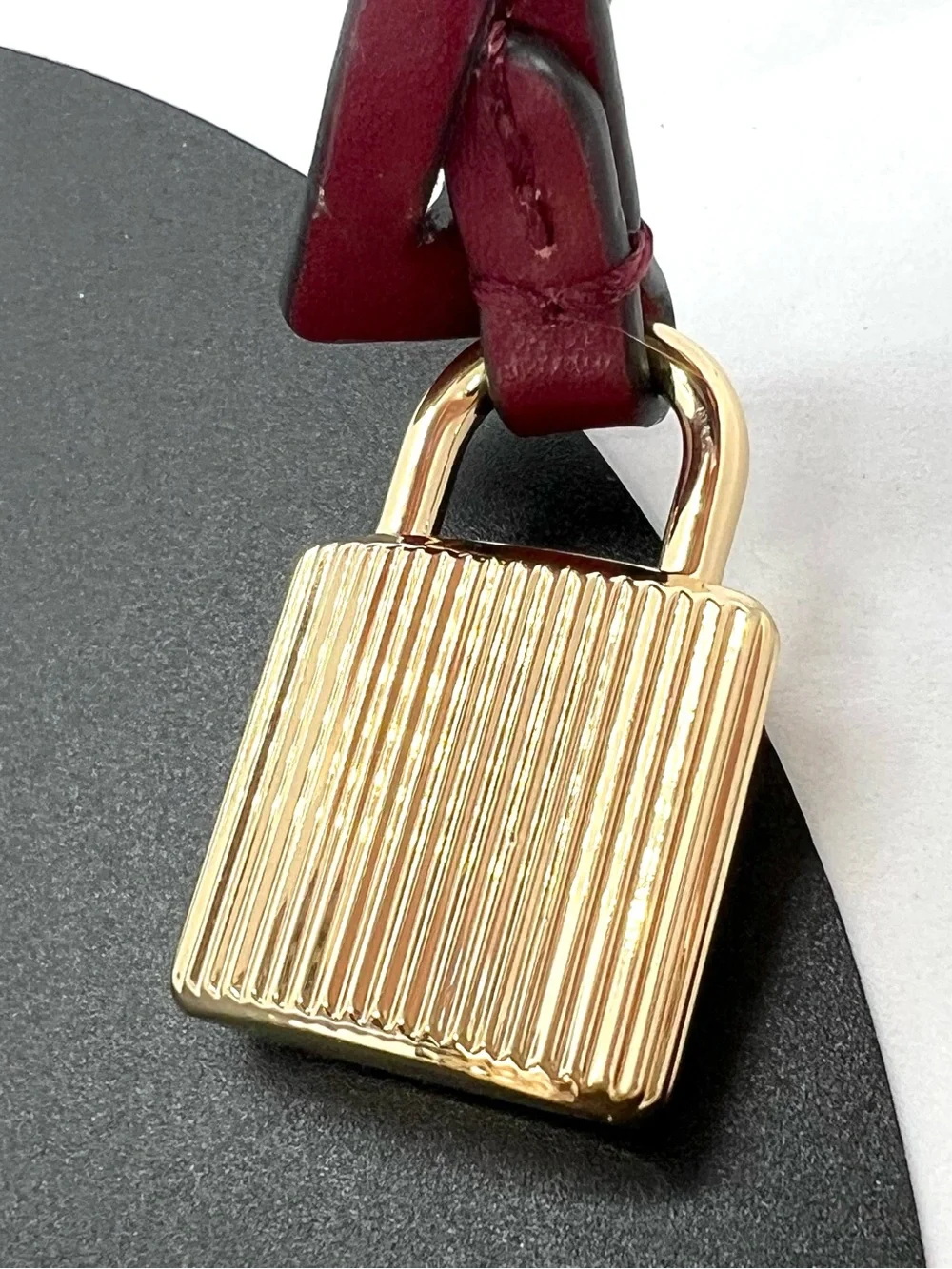 Michael Kors Gold Ribbed Padlock Bag Charm Burgundy Leather Key Ring Bag Charm